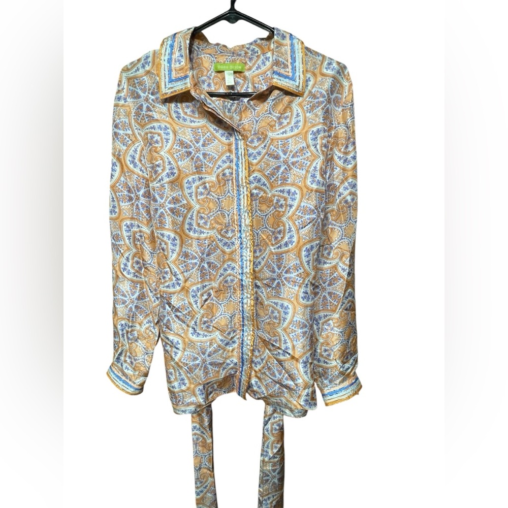 2/$20 Sigrid Olsen Silk Button Down Belted Blouse Bright Multicolors Size Medium